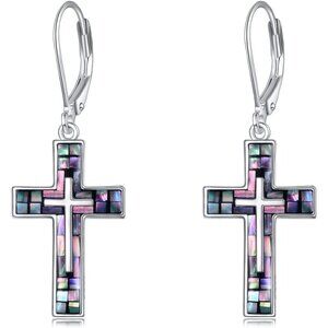 Sterling Silver Cross Earrings Dangle Abalone Shell Women Men Gift New